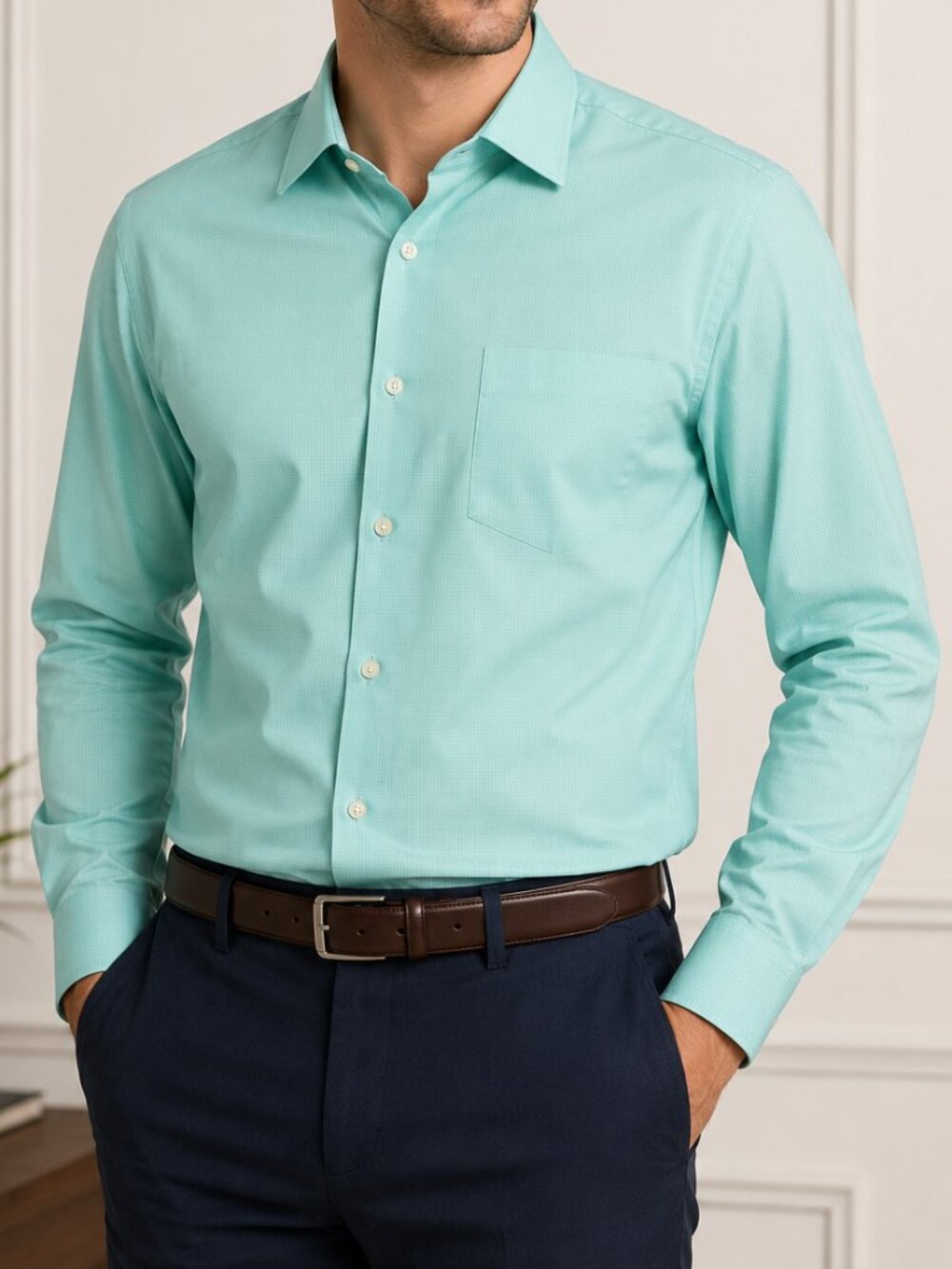 Van Heusen Air Stretch Dress Shirt Mens 17.5 34/35 Mint Aqua Regular Fit Office